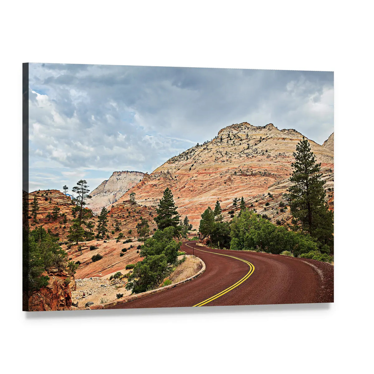 Curved Red Rock Road Canvas Wall Art, single panel gallery wrapped canvas, angled product view