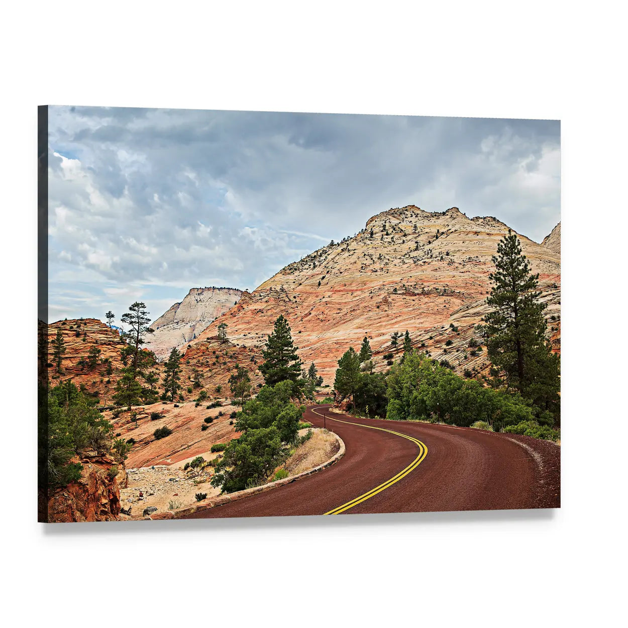 Curved Red Rock Road Canvas Wall Art, single panel gallery wrapped canvas, angled product view