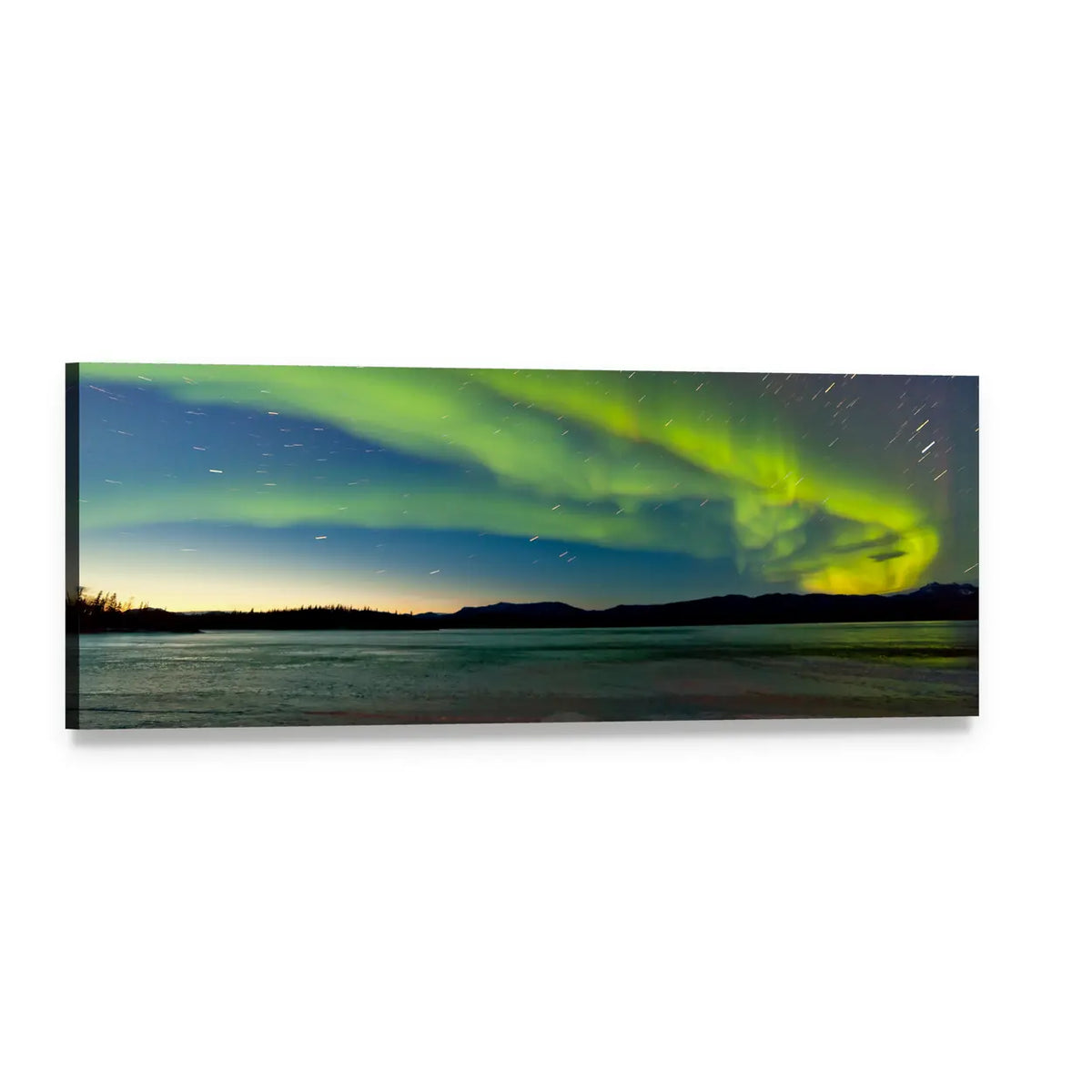 Aurora Borealis Over Canadian Mountains and Water Panoramic Canvas Wall Art, single panel gallery wrapped canvas, angled product view