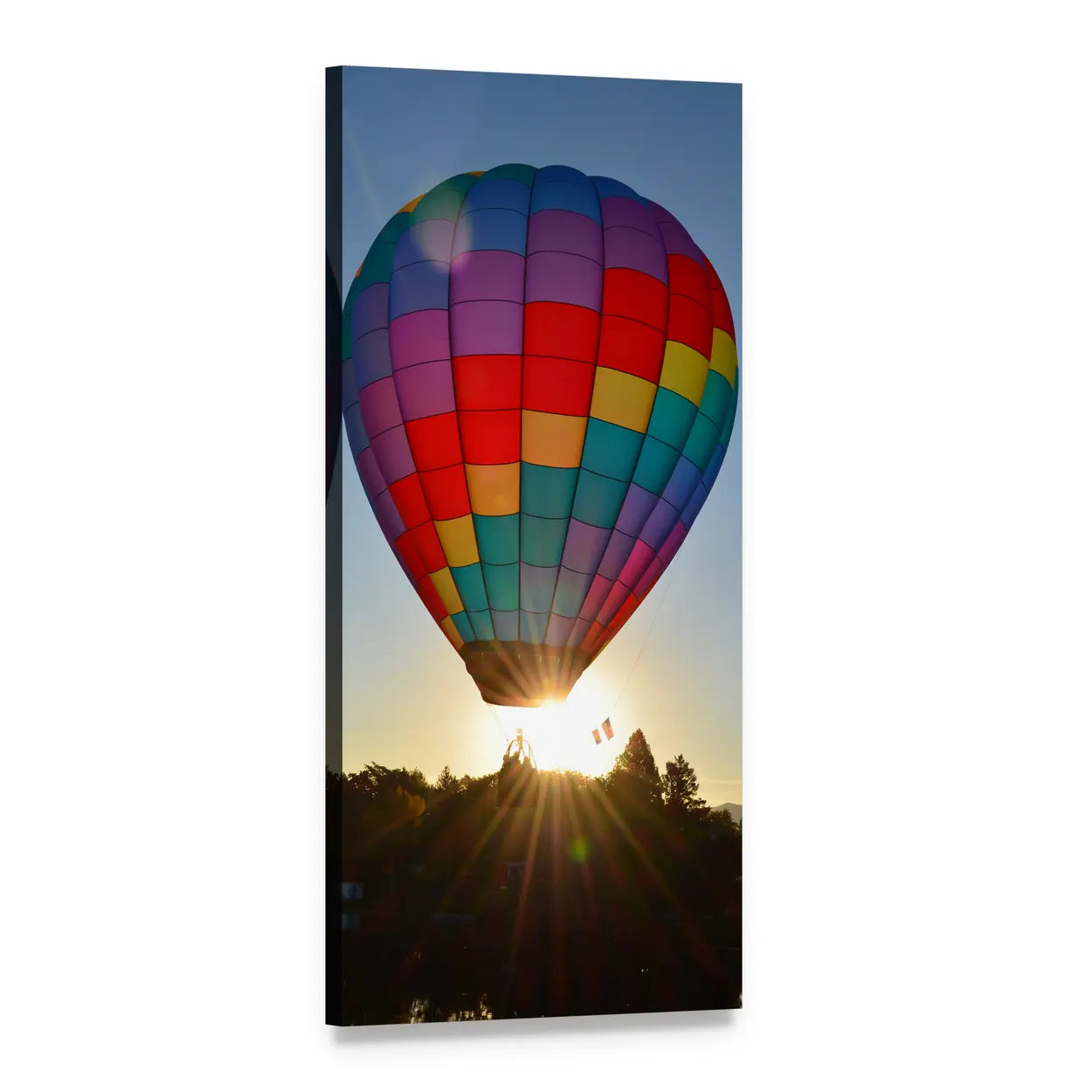 Patchwork Hot Air Balloon at Sunrise Vertical Canvas Wall Art, 1 panel 1 Vertical layout gallery wrapped canvas set, angled product view