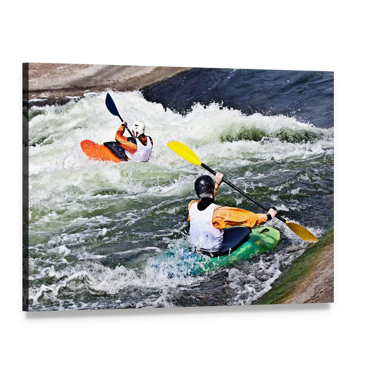 Active Kayakers Navigating Rapids Canvas Wall Art, single panel gallery wrapped canvas, angled product view
