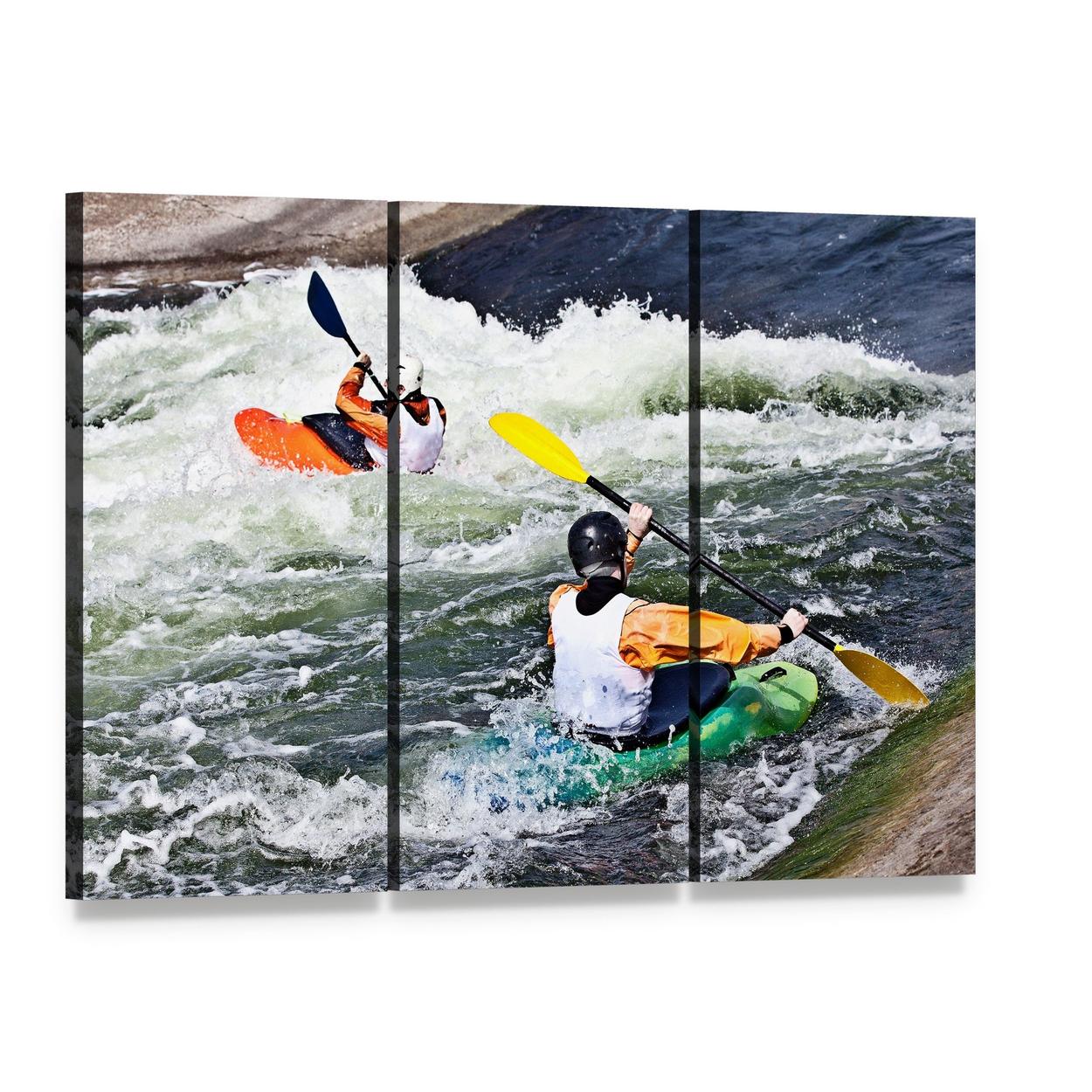 Active Kayakers Navigating Rapids Canvas Wall Art, 3 panel 3 Horizontal layout gallery wrapped canvas set, angled product view