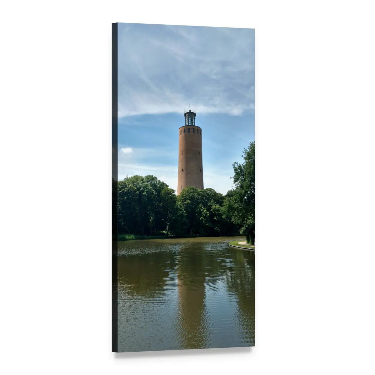 Brick Lighthouse with Pond Reflection Vertical Canvas Wall Art, 1 panel 1 Vertical layout gallery wrapped canvas set, angled product view