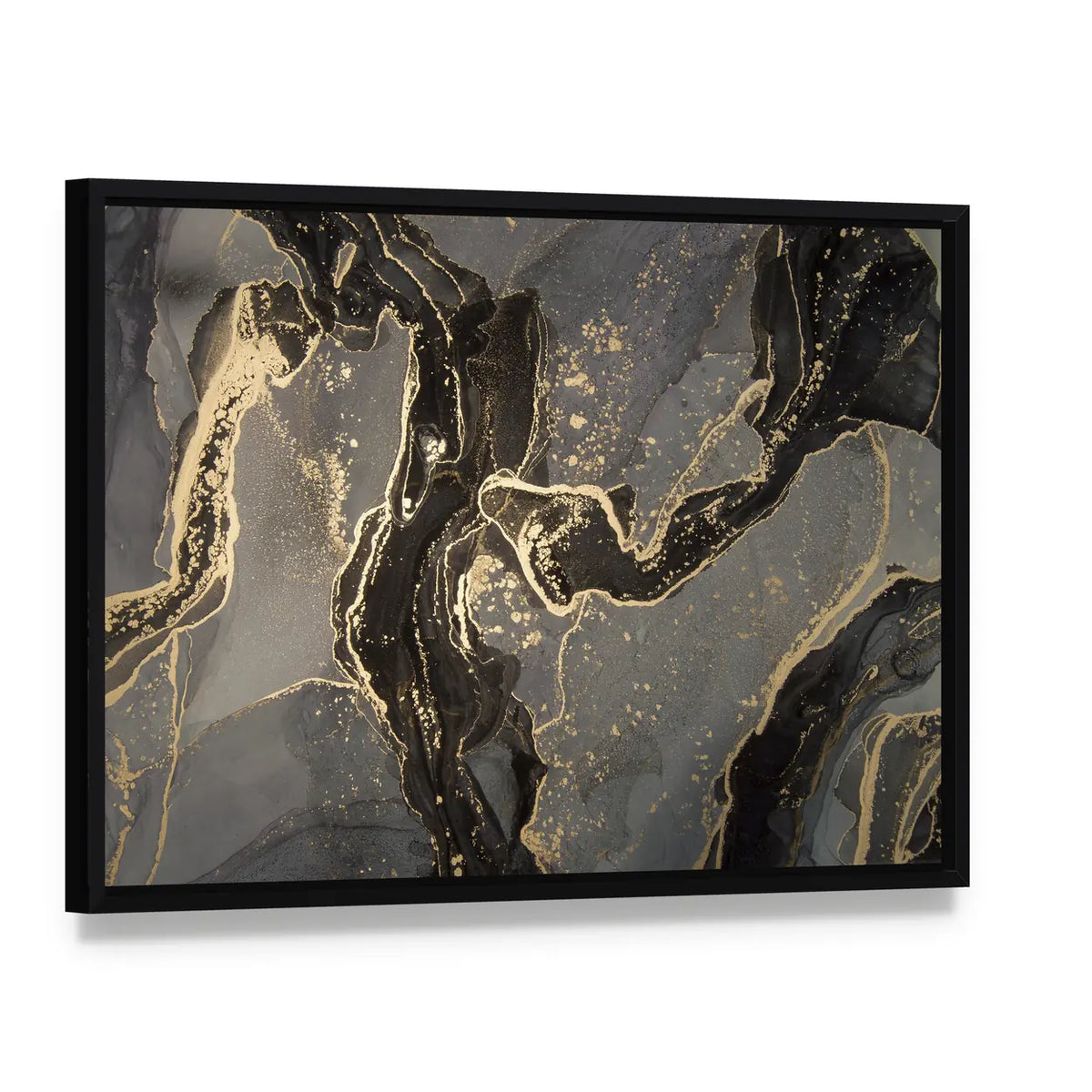 Luxury Fluid Abstract Canvas Wall Art, framed canvas in a black floater frame, angled product view