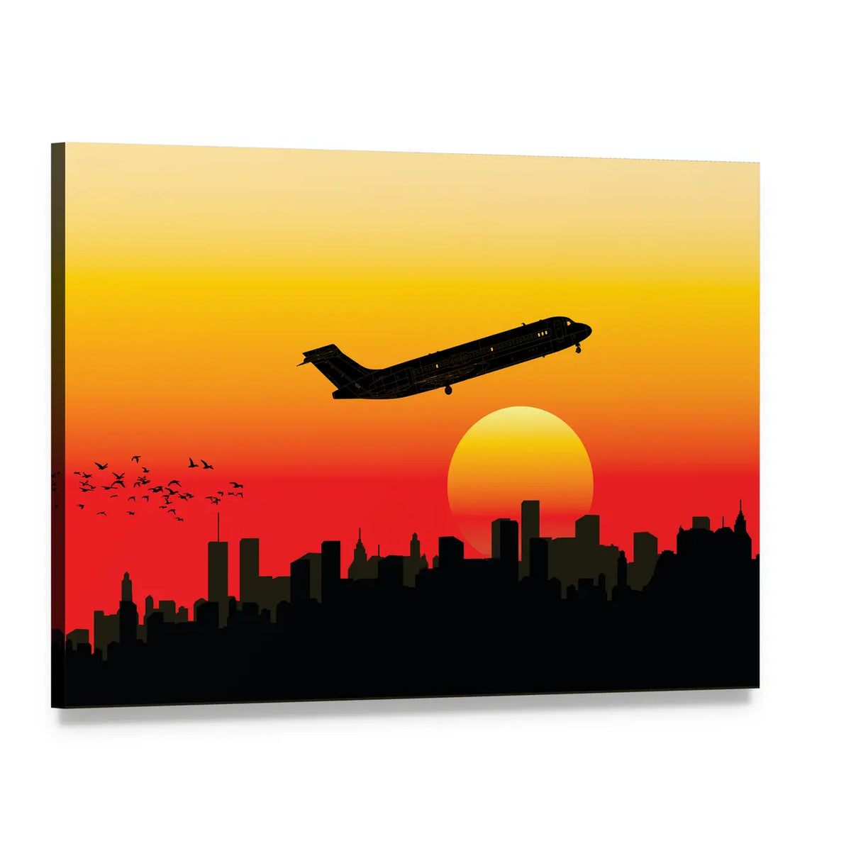 Passenger Jet Silhouette at Sunset Canvas Wall Art, single panel gallery wrapped canvas, angled product view