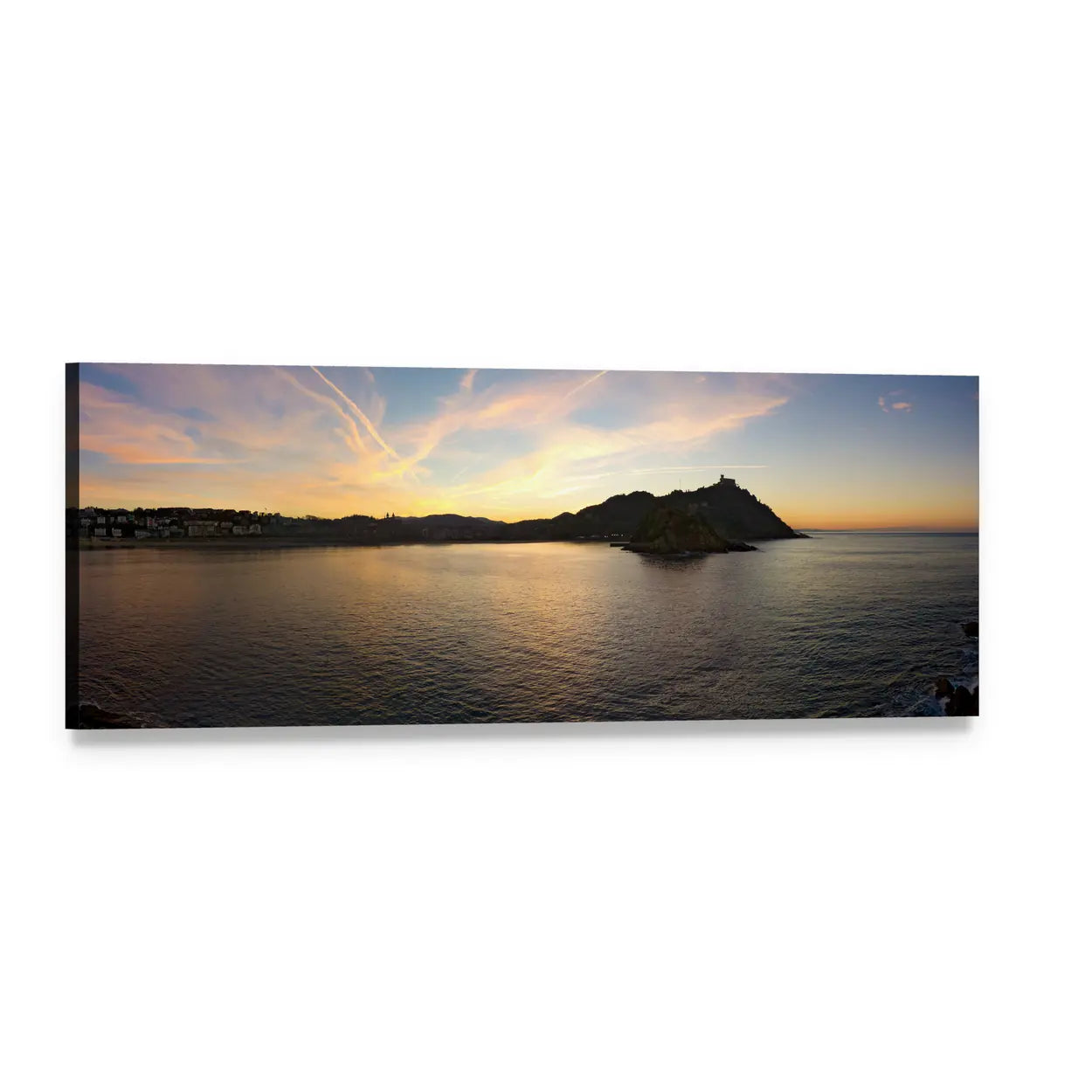 Sunset Coastline with Island Silhouette Panoramic Canvas Wall Art, single panel gallery wrapped canvas, angled product view