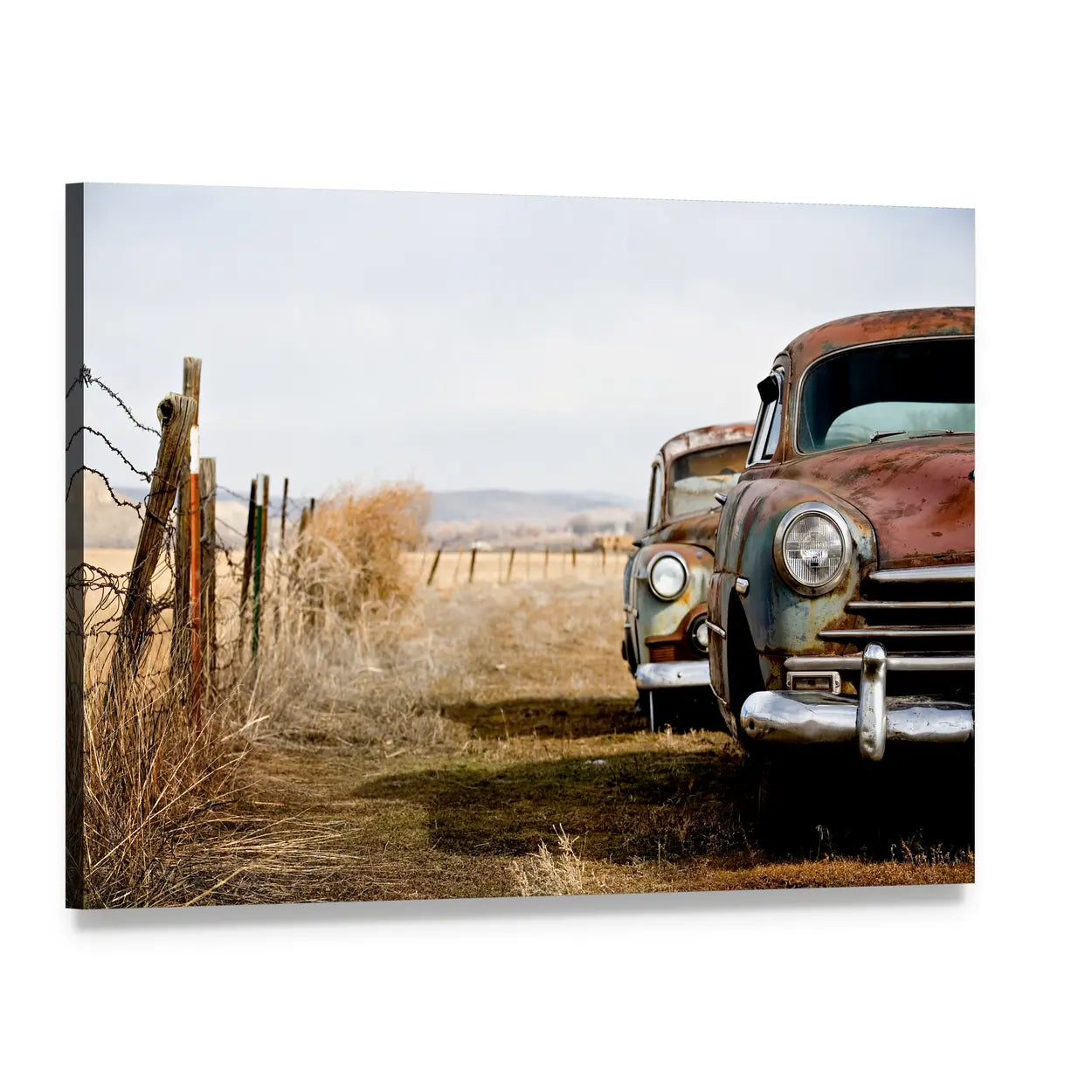 Rusty Vintage Cars in Rural Field Canvas Wall Art, single panel gallery wrapped canvas, angled product view