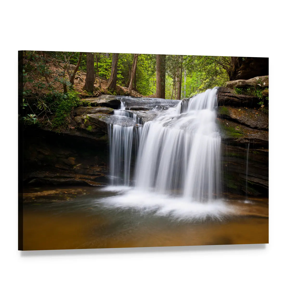 Cascading Forest Waterfall Over Layered Rocks Canvas Wall Art, single panel gallery wrapped canvas, angled product view