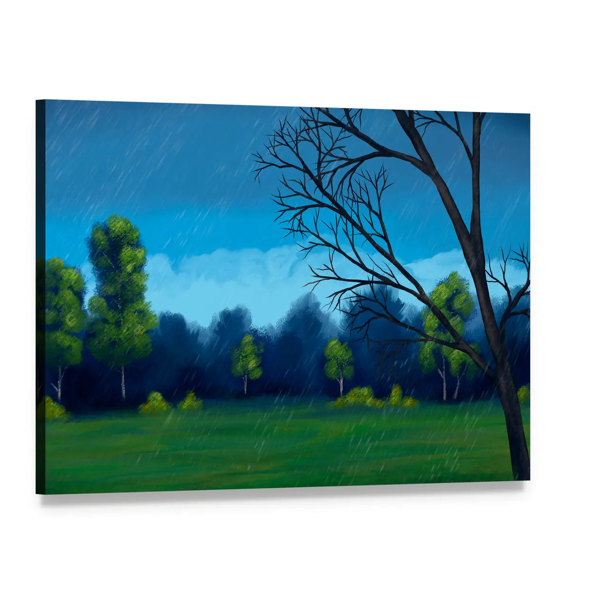Rainy Green Field with Bare-branched Tree Canvas Wall Art, single panel gallery wrapped canvas, angled product view