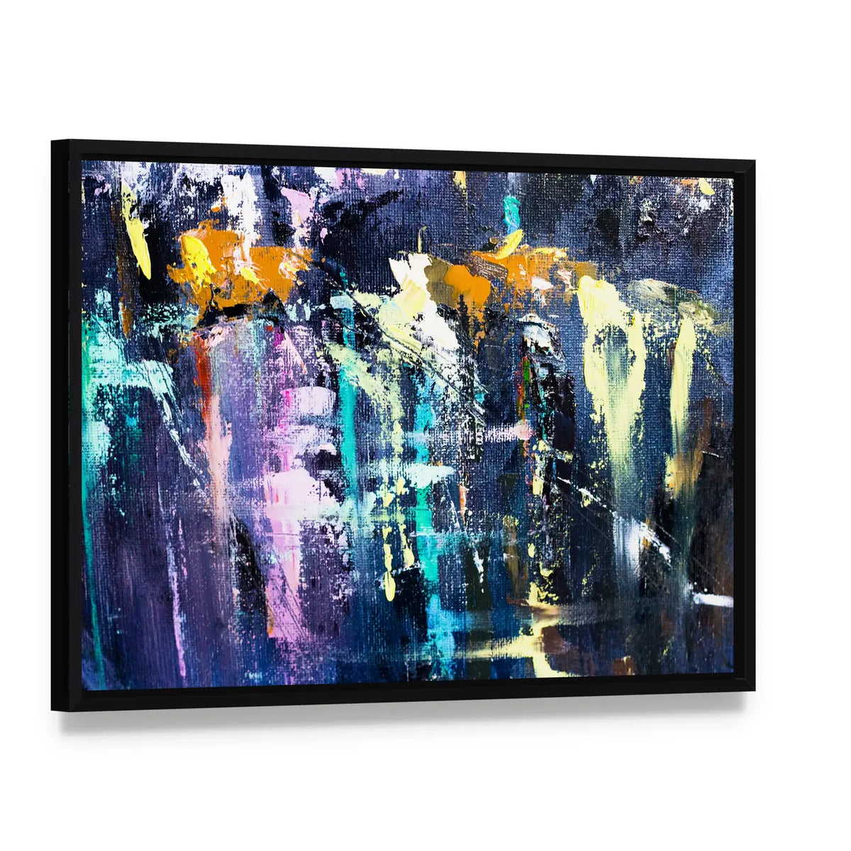 Dark Brushstrokes Abstraction Canvas Wall Art, framed canvas in a black floater frame, angled product view