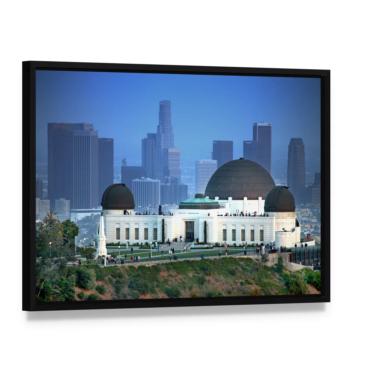 Griffith Observatory at Dusk Over Los Angeles Canvas Wall Art, framed canvas in a black floater frame, angled product view