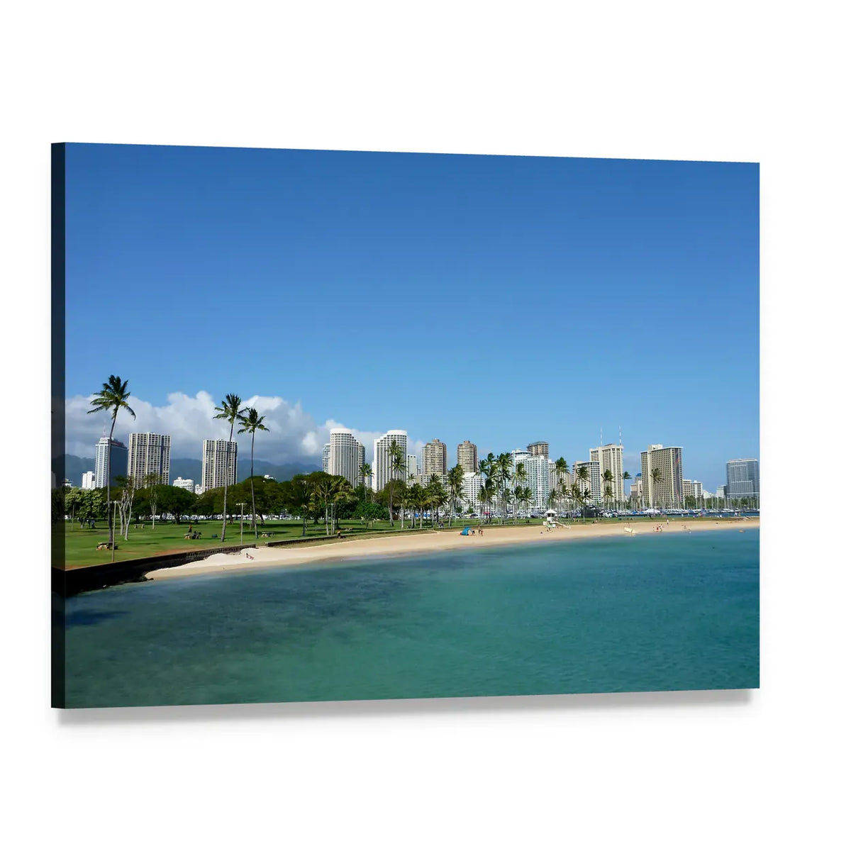 Magic Island Beach with City Skyline Canvas Wall Art, single panel gallery wrapped canvas, angled product view