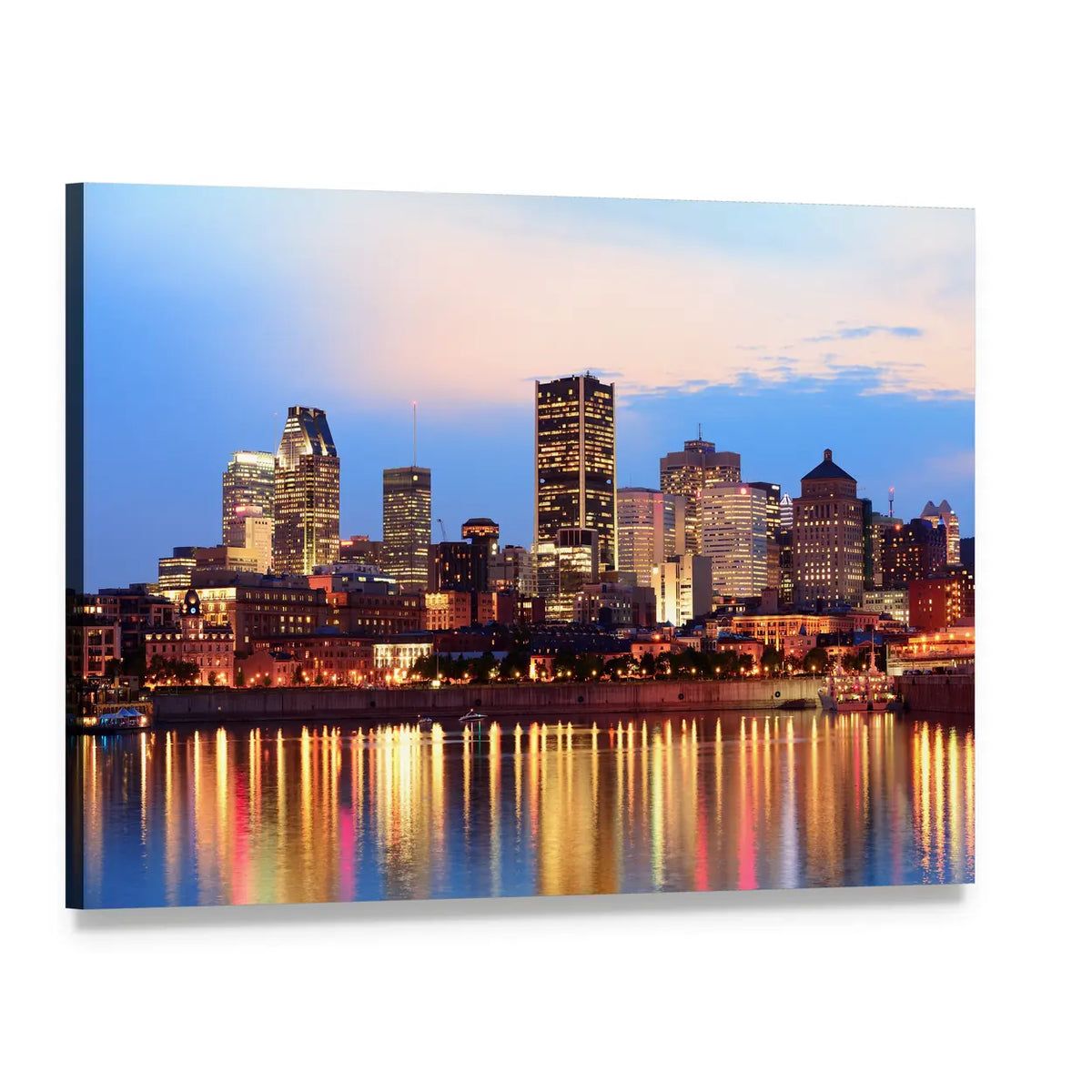 Montreal Riverfront at Dusk Canvas Wall Art, single panel gallery wrapped canvas, angled product view