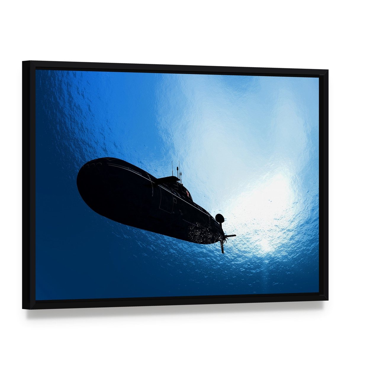 Military Submarine in Sea Canvas Wall Art, framed canvas in a black floater frame, angled product view