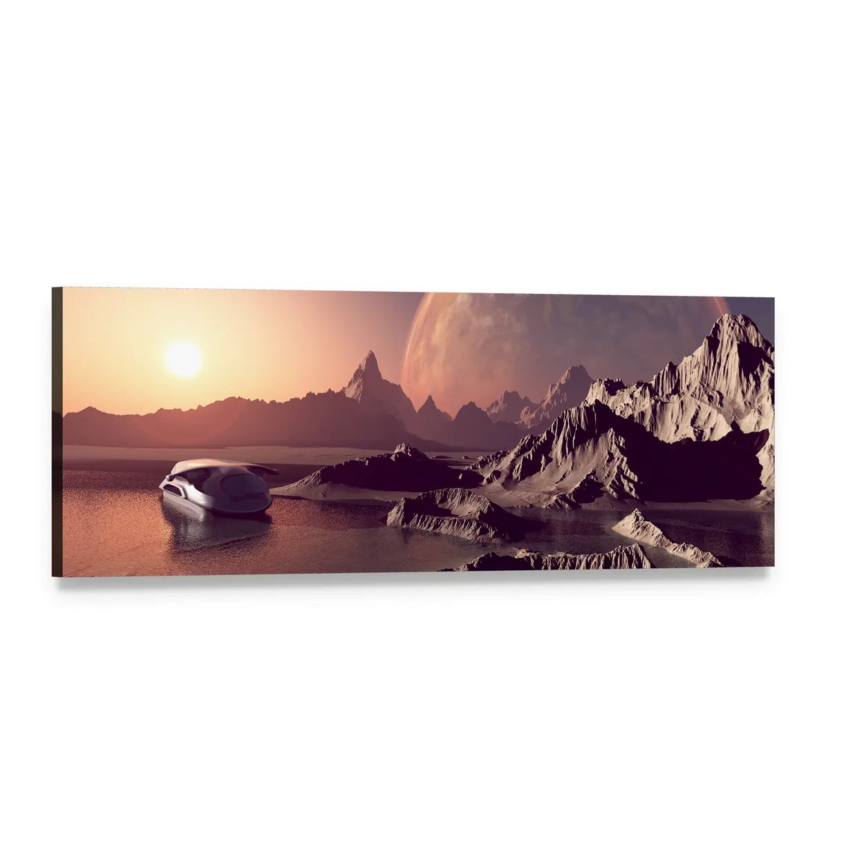 Spacecraft Over Alien Planet Panoramic Canvas Wall Art, single panel gallery wrapped canvas, angled product view
