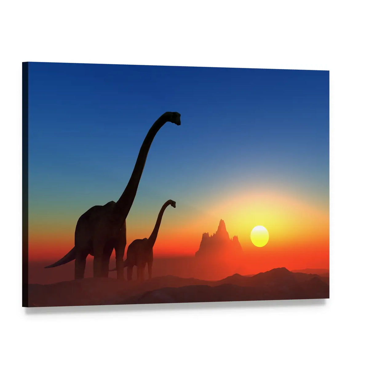 Adult and Juvenile Dinosaurs at Sunset Canvas Wall Art, single panel gallery wrapped canvas, angled product view