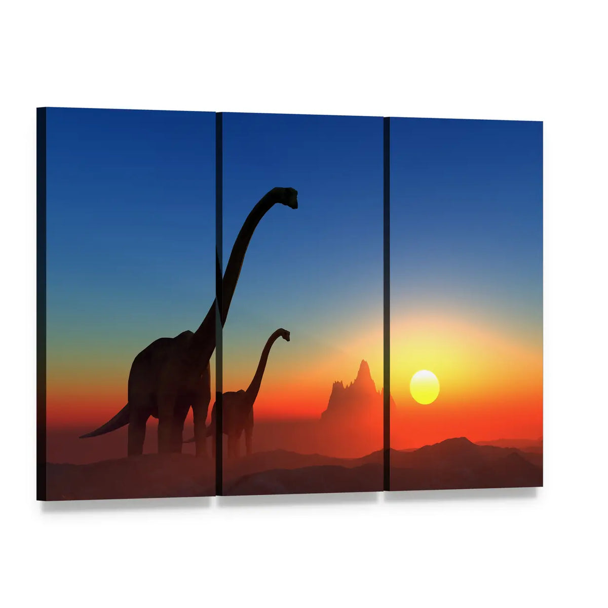 Adult and Juvenile Dinosaurs at Sunset Canvas Wall Art, 3 panel 3 Horizontal layout gallery wrapped canvas set, angled product view