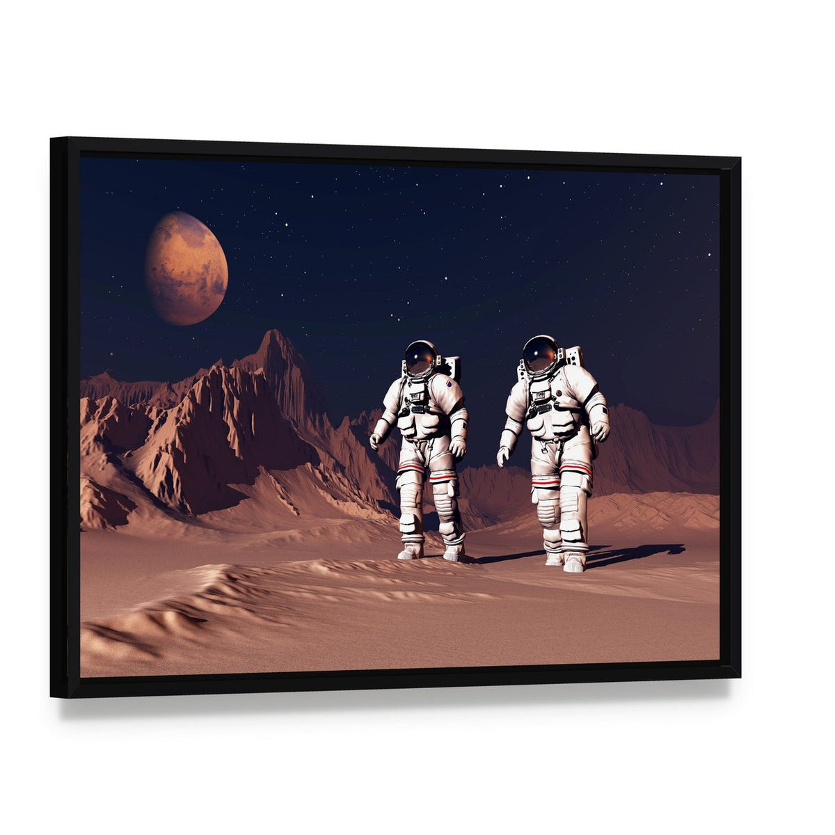 Two Astronauts on Mars Canvas Wall Art, framed canvas in a black floater frame, angled product view