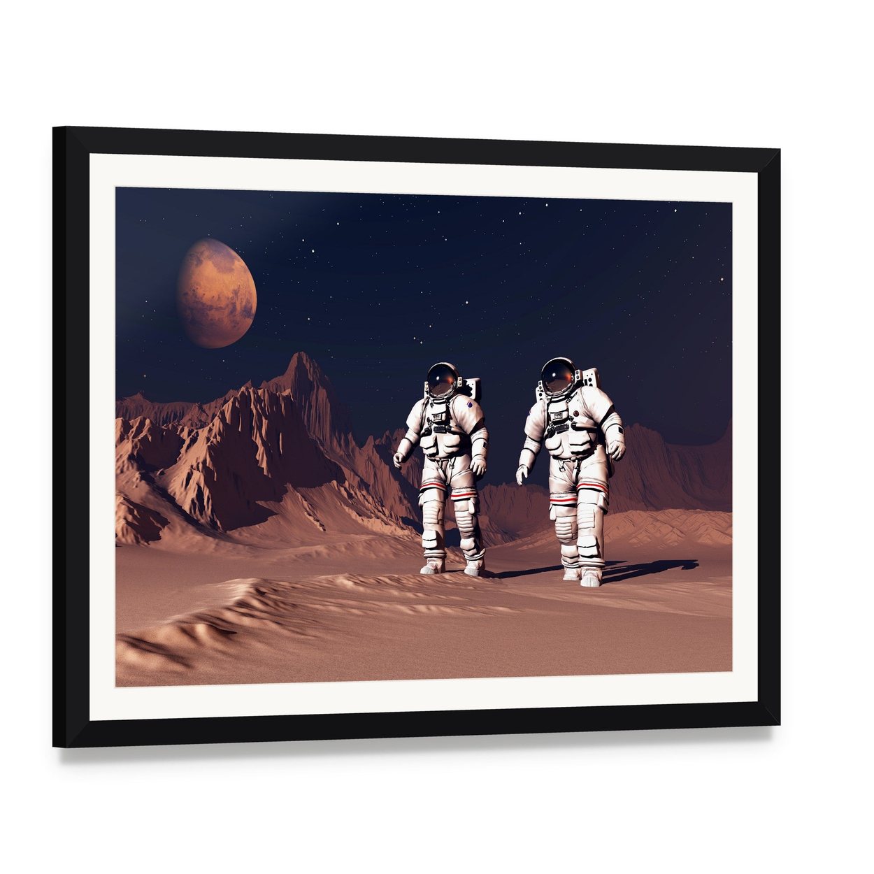Two Astronauts on Mars Canvas Wall Art, framed print with white mat and black frame, angled product view