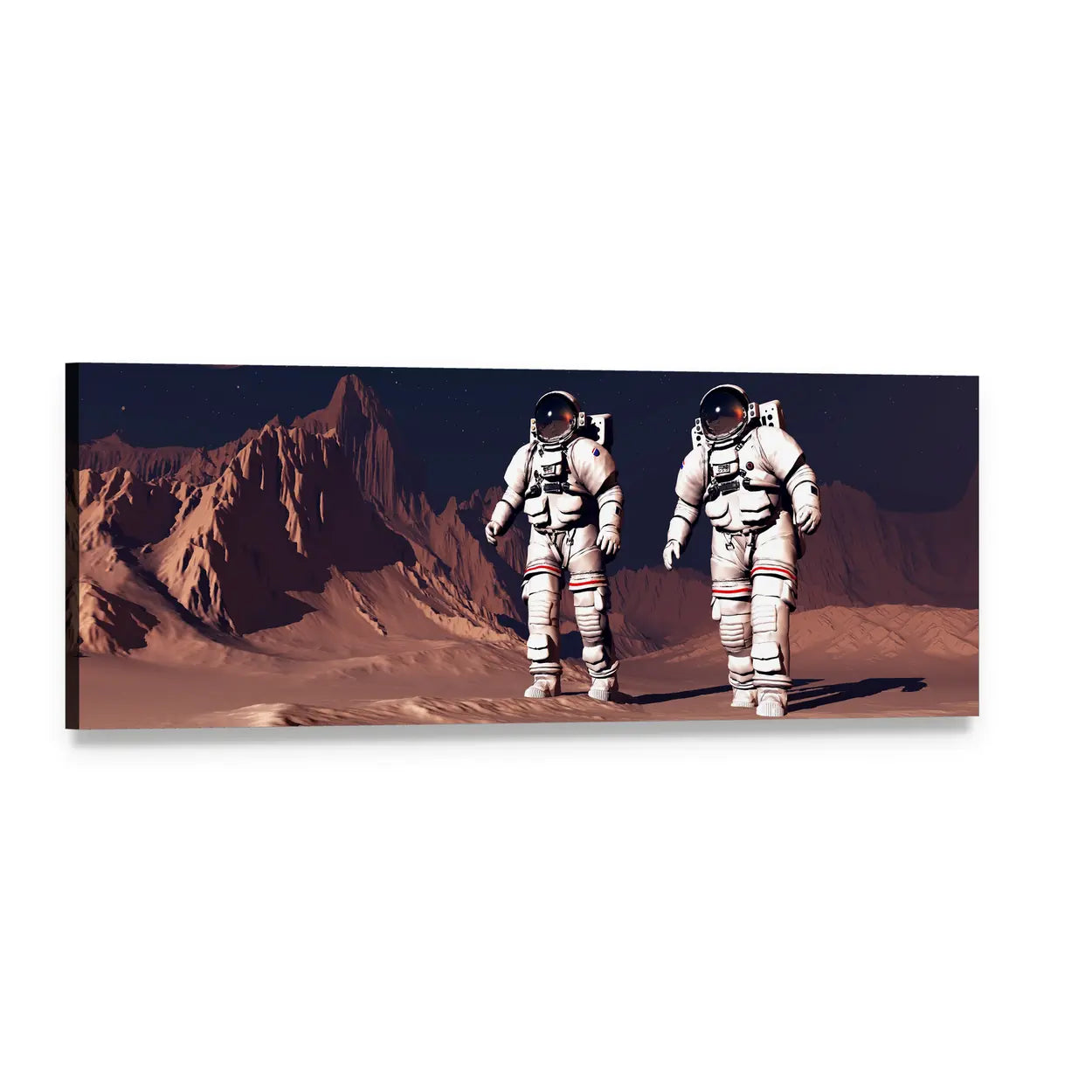 Two Astronauts on Alien Landscape Panoramic Canvas Wall Art, single panel gallery wrapped canvas, angled product view