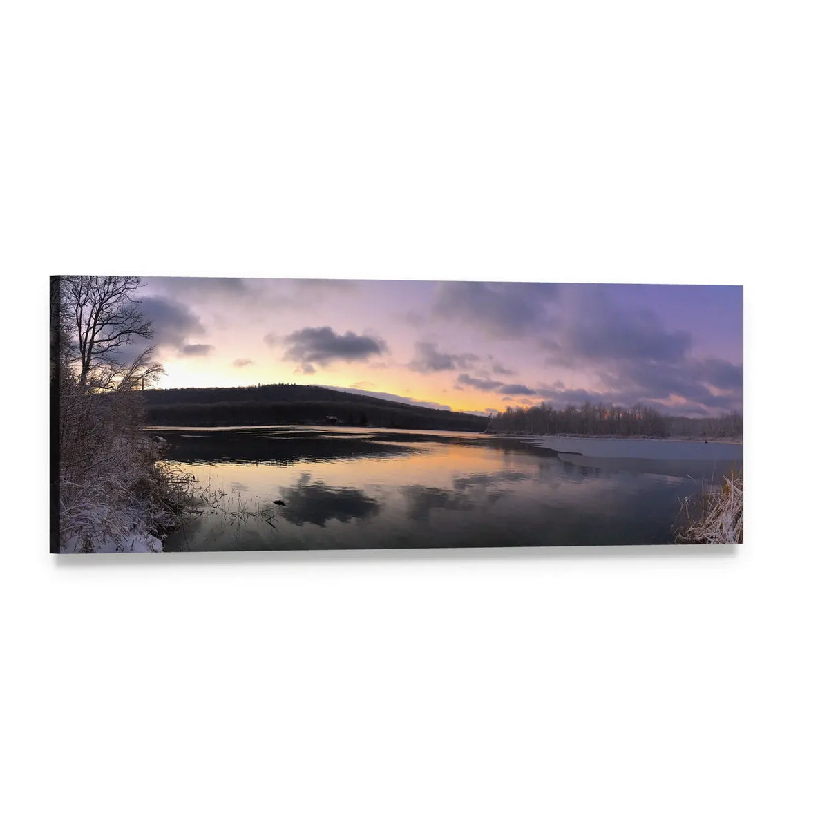 Sunrise Over Winter Lake Panoramic Canvas Wall Art, single panel gallery wrapped canvas, angled product view