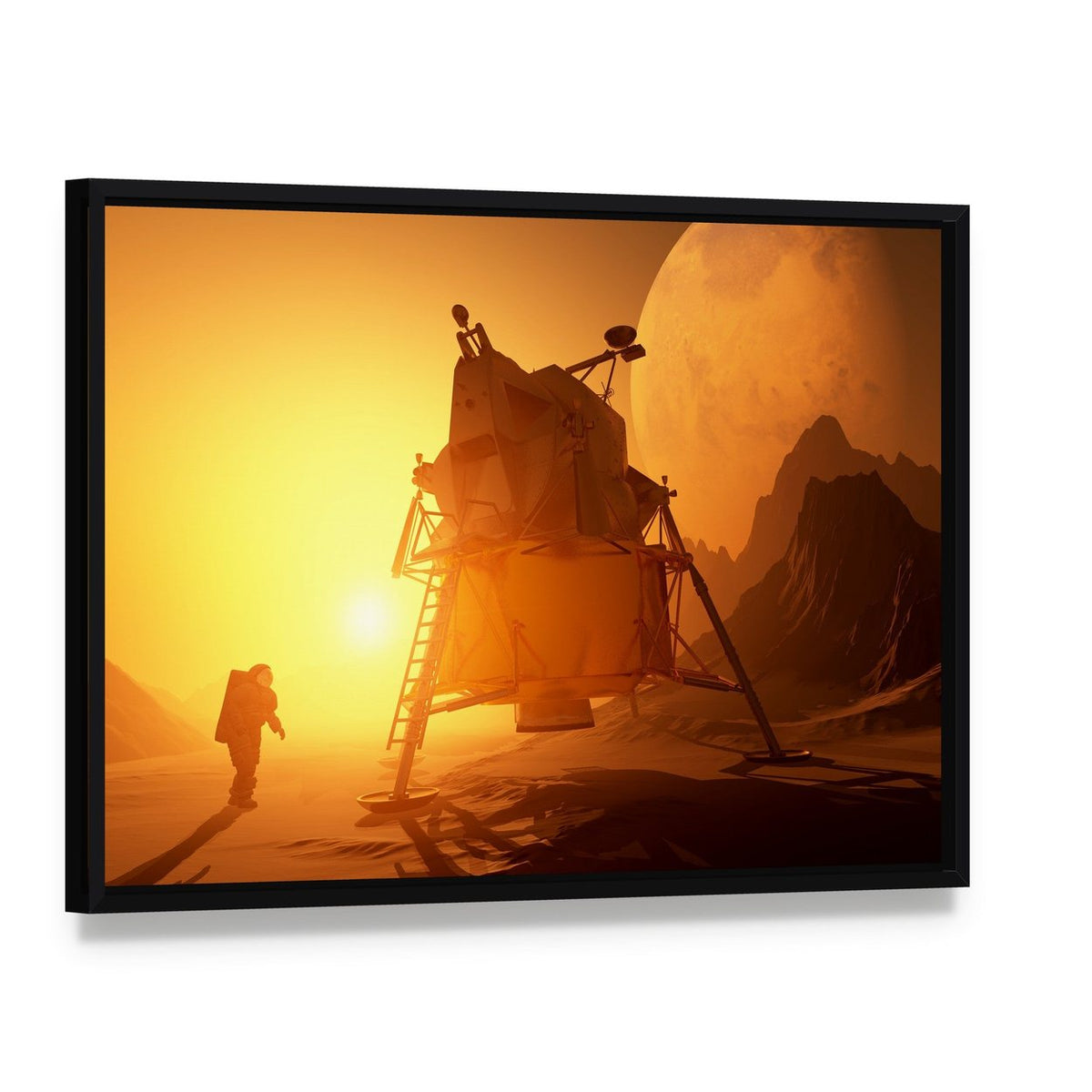 Astronaut & Moonwalker on Planet Canvas Wall Art, framed canvas in a black floater frame, angled product view