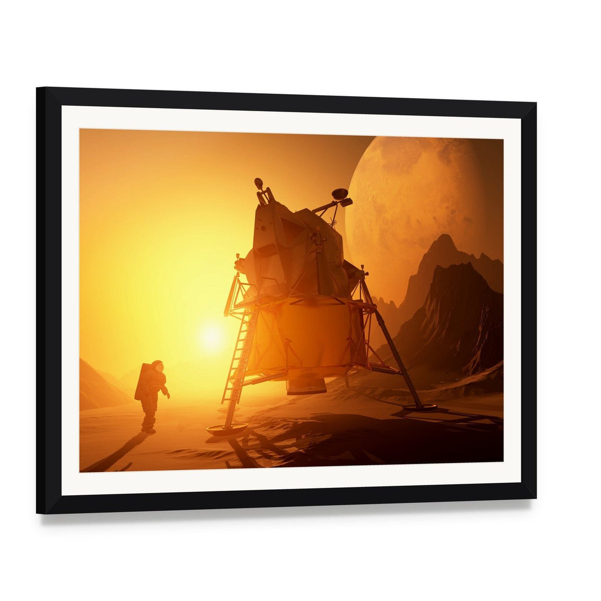 Astronaut & Moonwalker on Planet Canvas Wall Art, framed print with white mat and black frame, angled product view