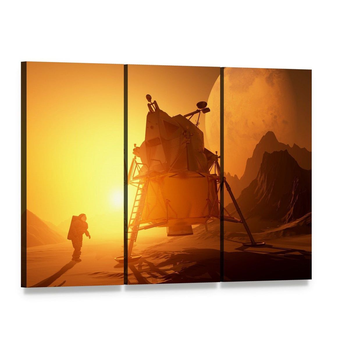 Astronaut & Moonwalker on Planet Canvas Wall Art, 3 panel 3 Horizontal layout gallery wrapped canvas set, angled product view