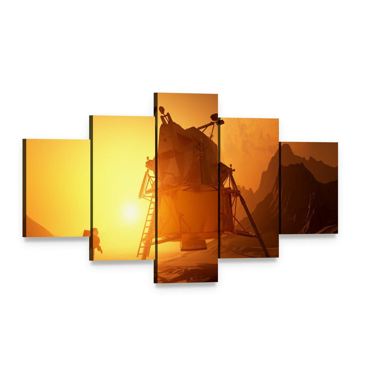 Astronaut & Moonwalker on Planet Canvas Wall Art, 5 panel 5 Star layout gallery wrapped canvas set, angled product view