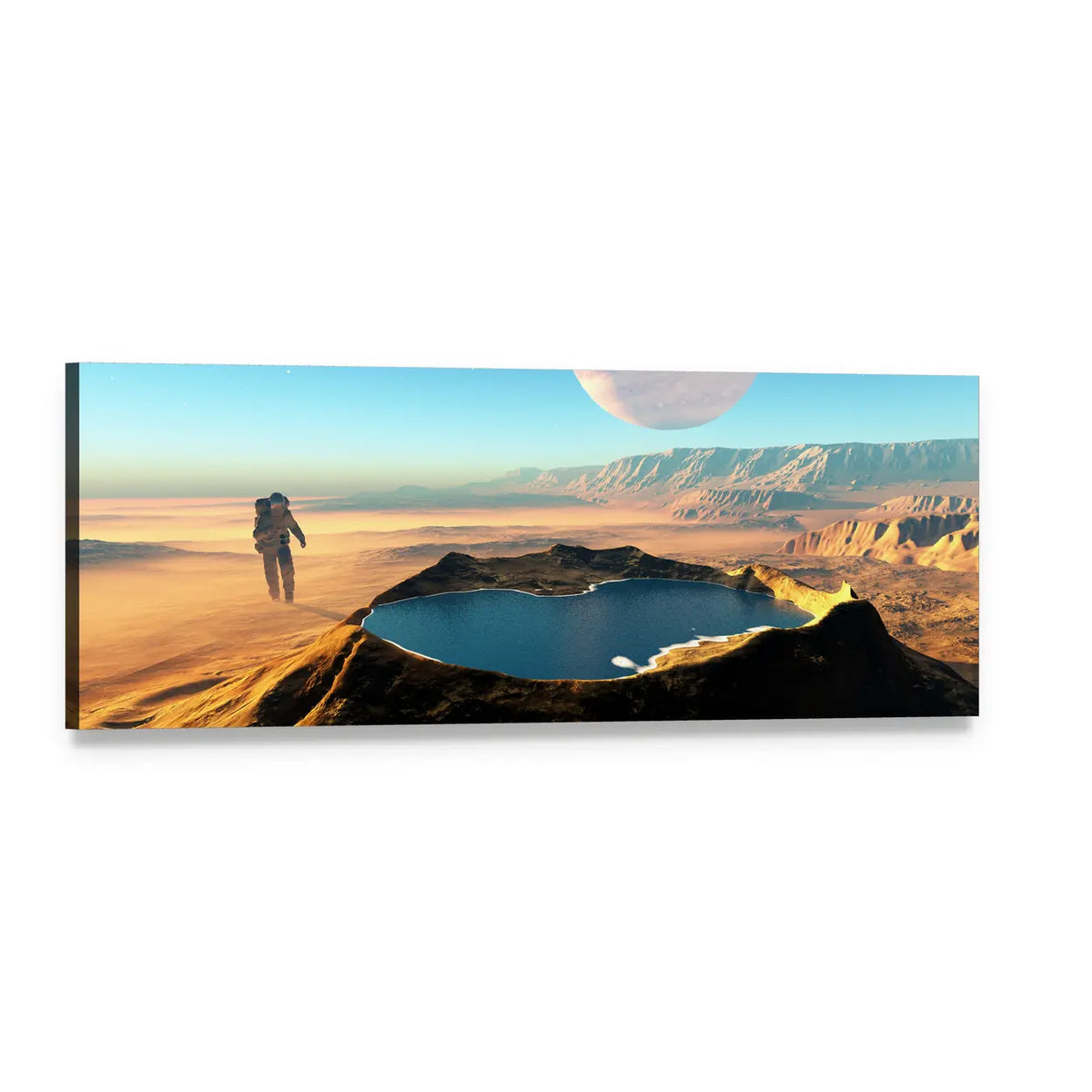 Astronaut at Crater Lake Panoramic Canvas Wall Art, single panel gallery wrapped canvas, angled product view