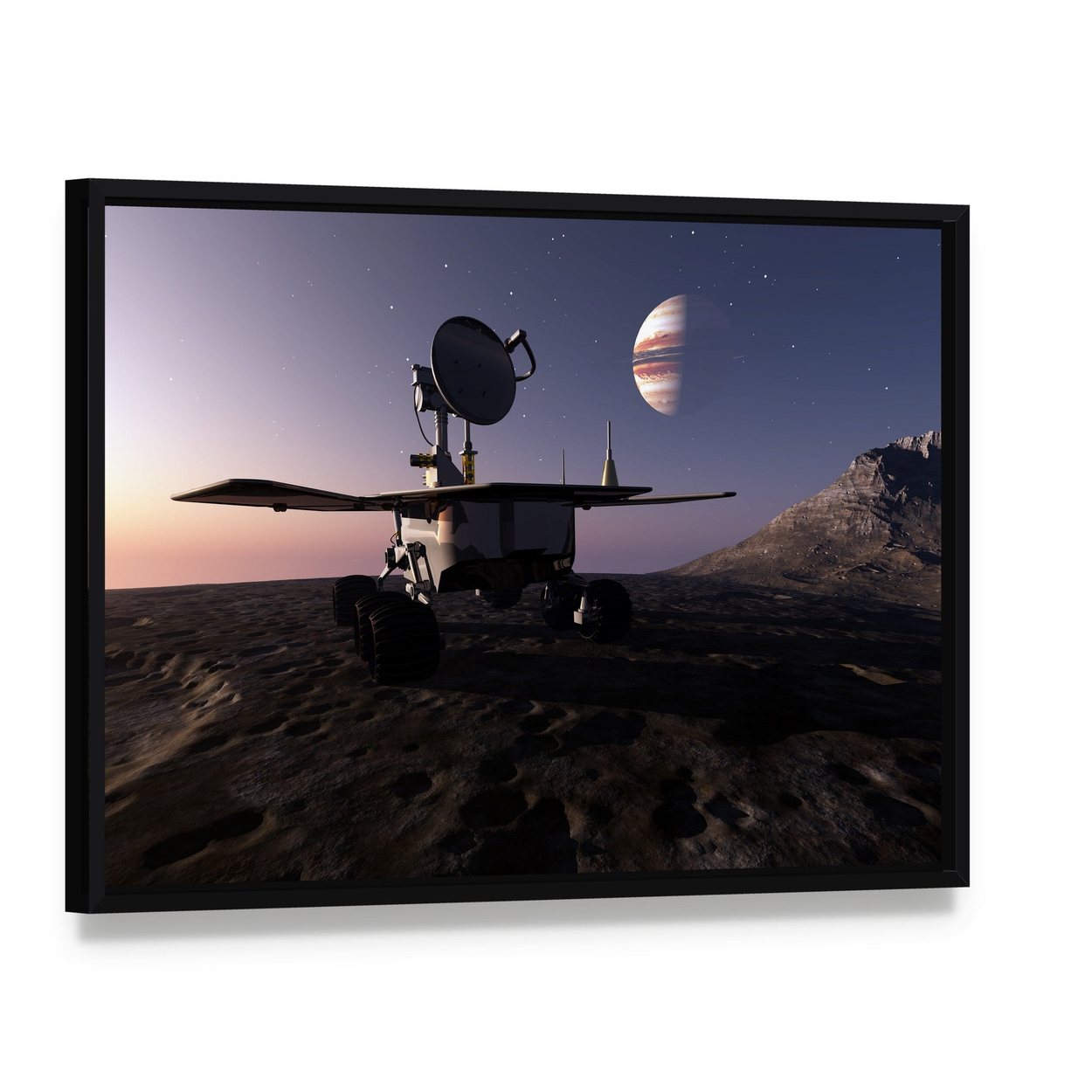 Rover on Jupiter Moon Canvas Wall Art, framed canvas in a black floater frame, angled product view