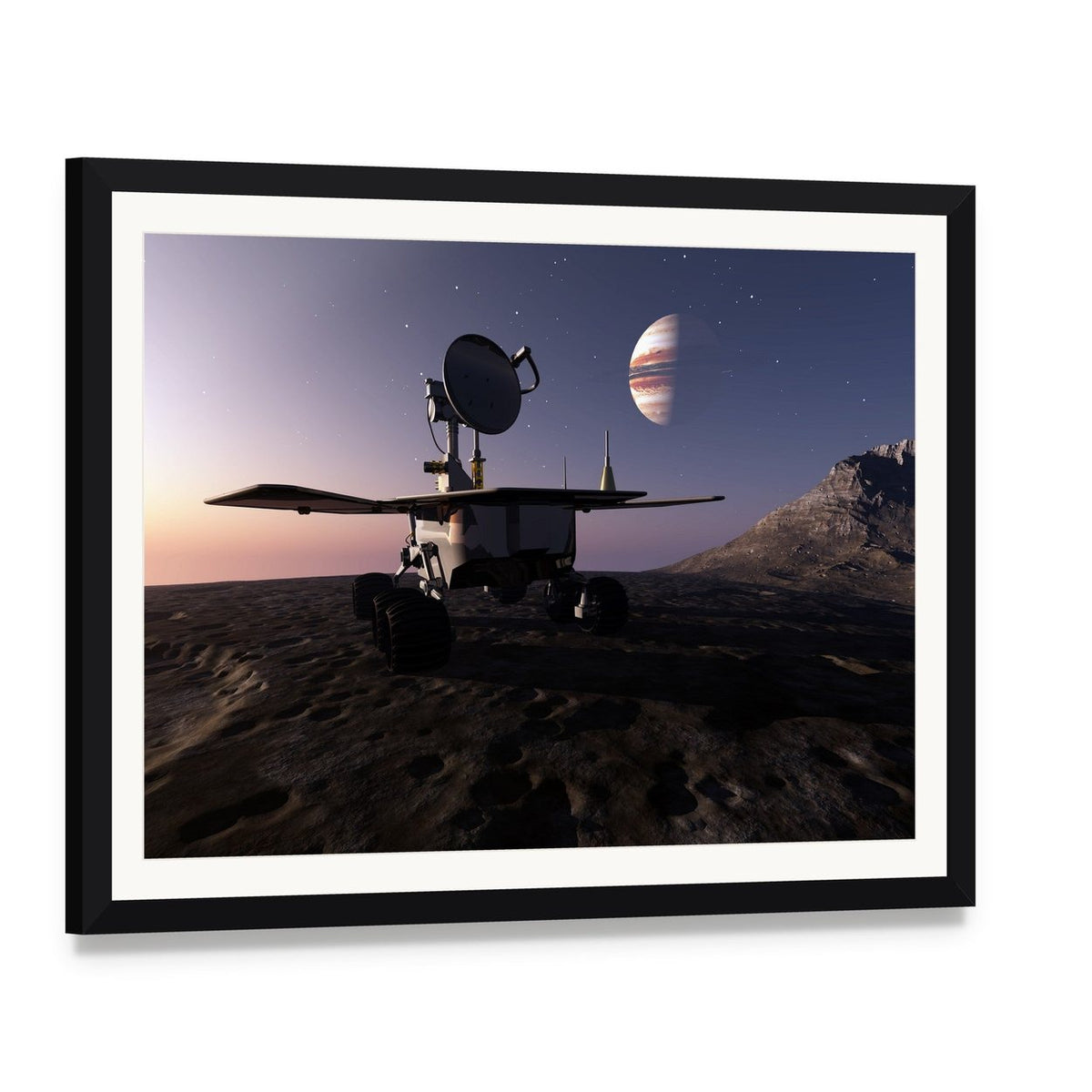 Rover on Jupiter Moon Canvas Wall Art, framed print with white mat and black frame, angled product view