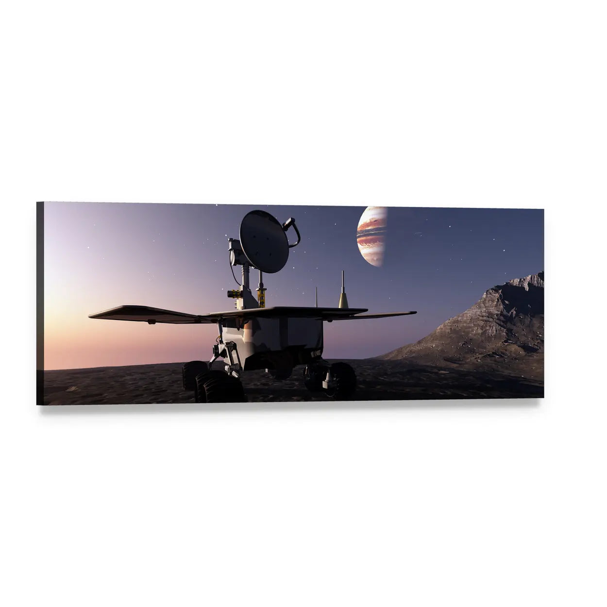Rover Beneath a Banded Gas Giant at Dusk Panoramic Canvas Wall Art, single panel gallery wrapped canvas, angled product view