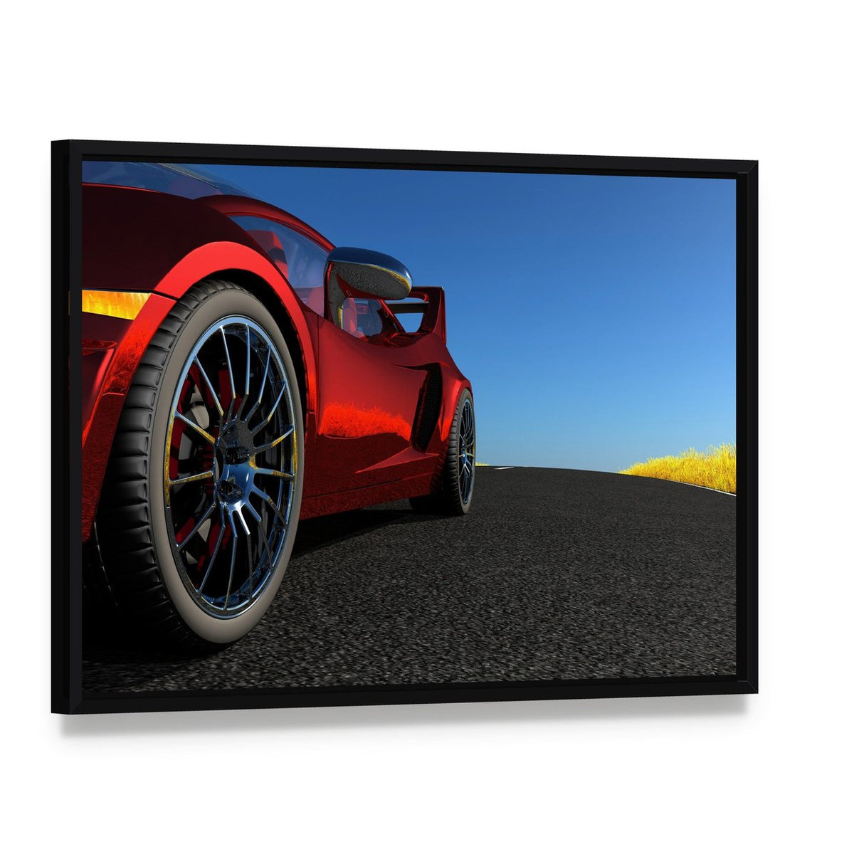 Red Sports Car Canvas Wall Art, framed canvas in a black floater frame, angled product view