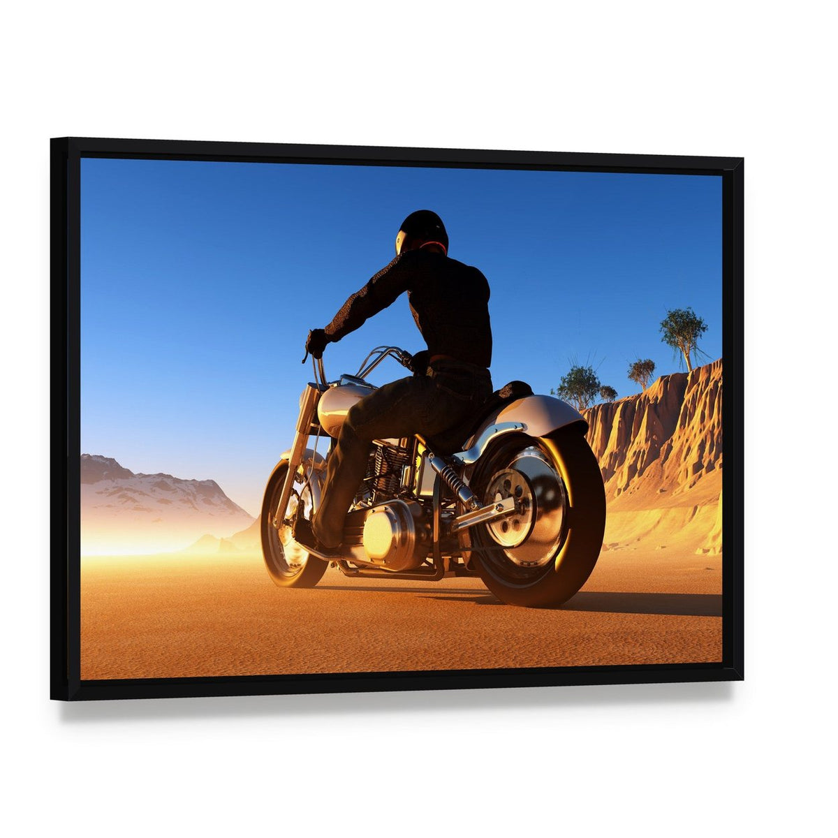 Bike Rider in Desert Canvas Wall Art, framed canvas in a black floater frame, angled product view