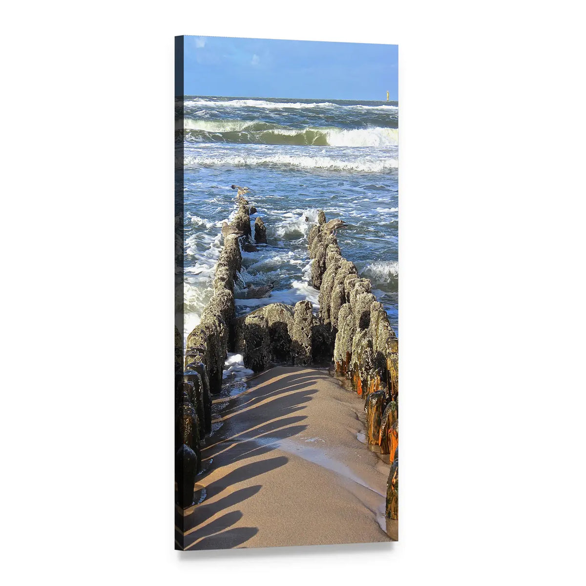 Wooden Breakwater on Sandy Beach Vertical Canvas Wall Art, 1 panel 1 Vertical layout gallery wrapped canvas set, angled product view