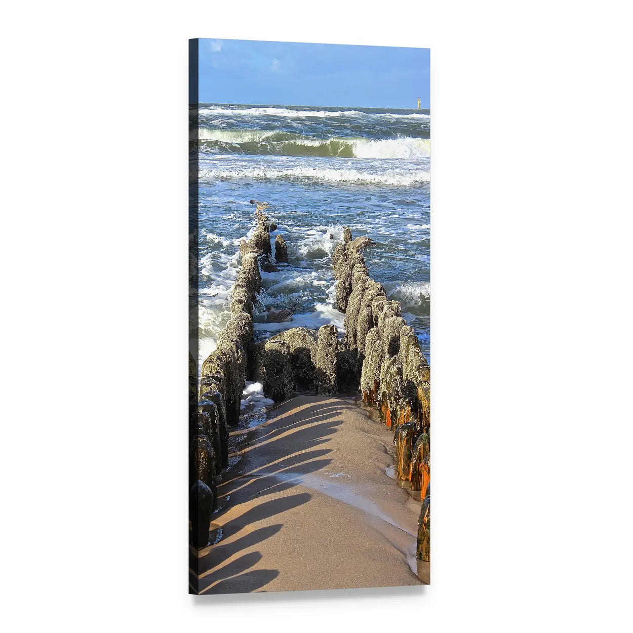 Wooden Breakwater on Sandy Beach Vertical Canvas Wall Art, 1 panel 1 Vertical layout gallery wrapped canvas set, angled product view