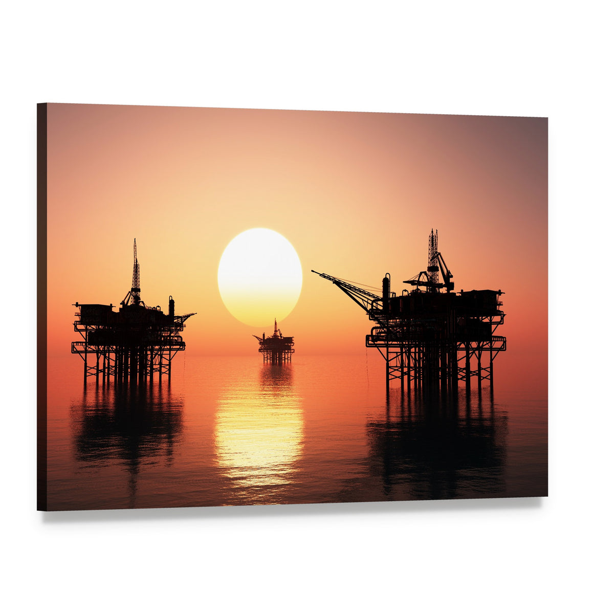 Three Offshore Oil Rigs at Sunset Canvas Wall Art, single panel gallery wrapped canvas, angled product view