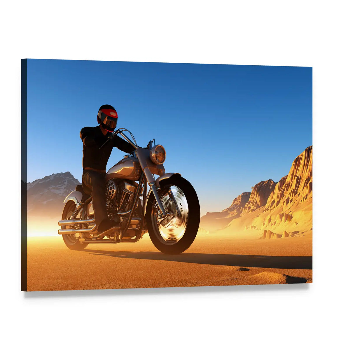 Motorcyclist in Desert Canvas Wall Art, single panel gallery wrapped canvas, angled product view