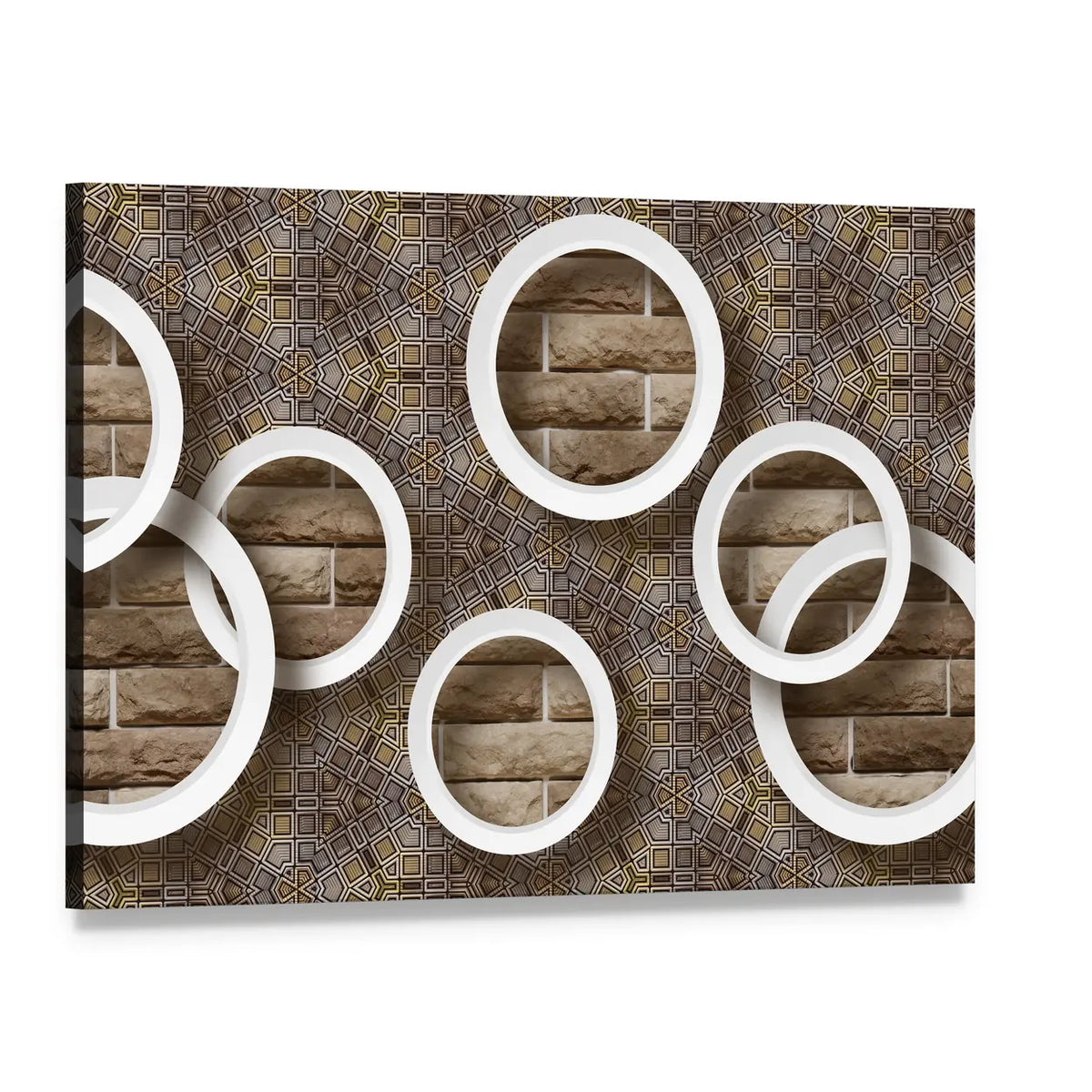 3d White Rings Over Brick Geometric Mural Canvas Wall Art, single panel gallery wrapped canvas, angled product view