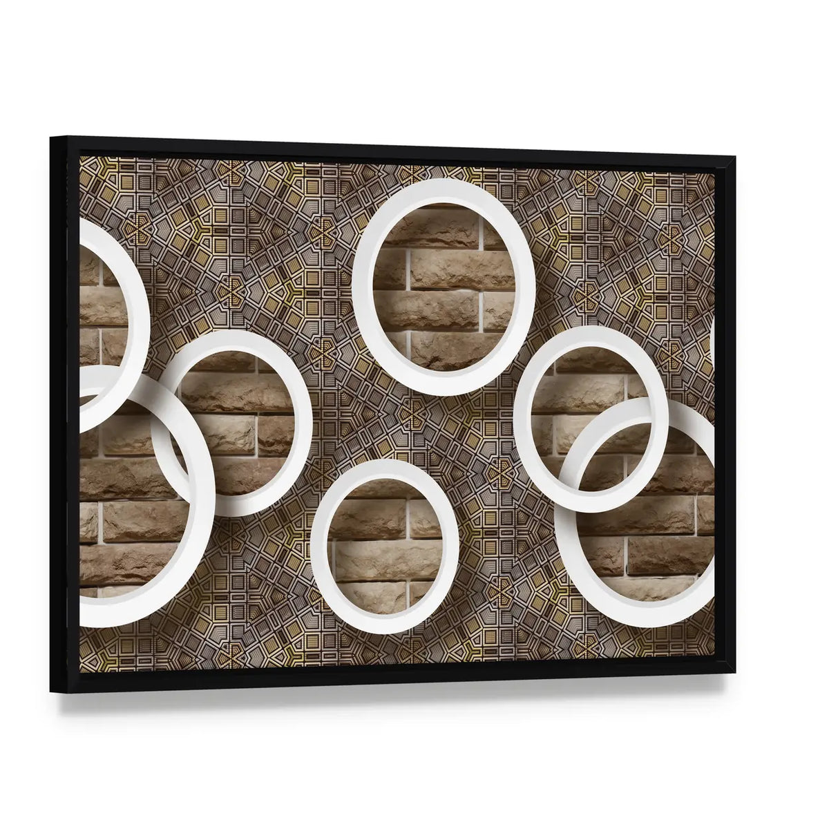 3d White Rings Over Brick Geometric Mural Canvas Wall Art, framed canvas in a black floater frame, angled product view