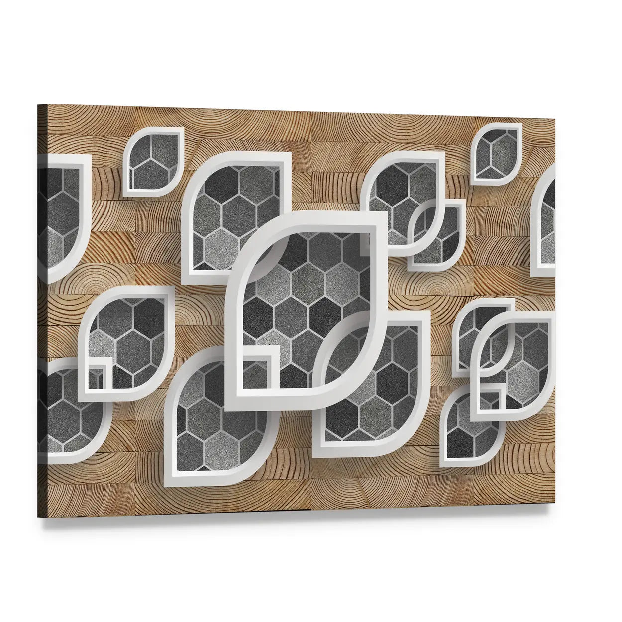 Layered Geometric Leaves with Wood Grain Canvas Wall Art, single panel gallery wrapped canvas, angled product view