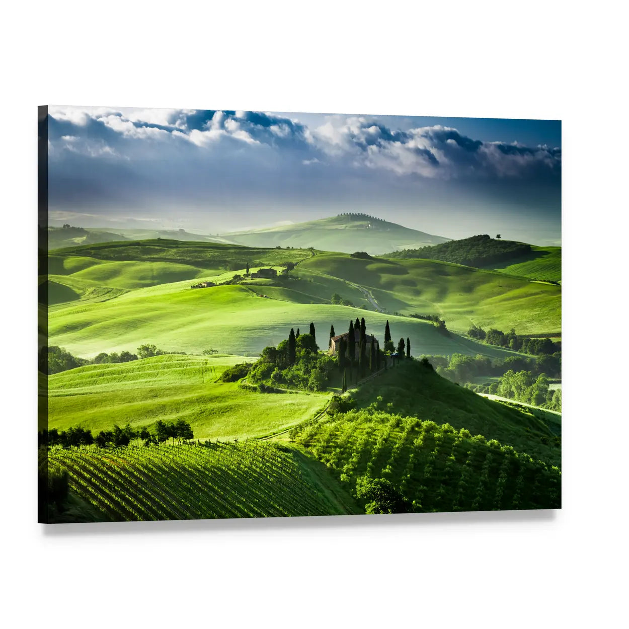San Quirico D Orcia Sunrise Over Rolling Hills Canvas Wall Art, single panel gallery wrapped canvas, angled product view