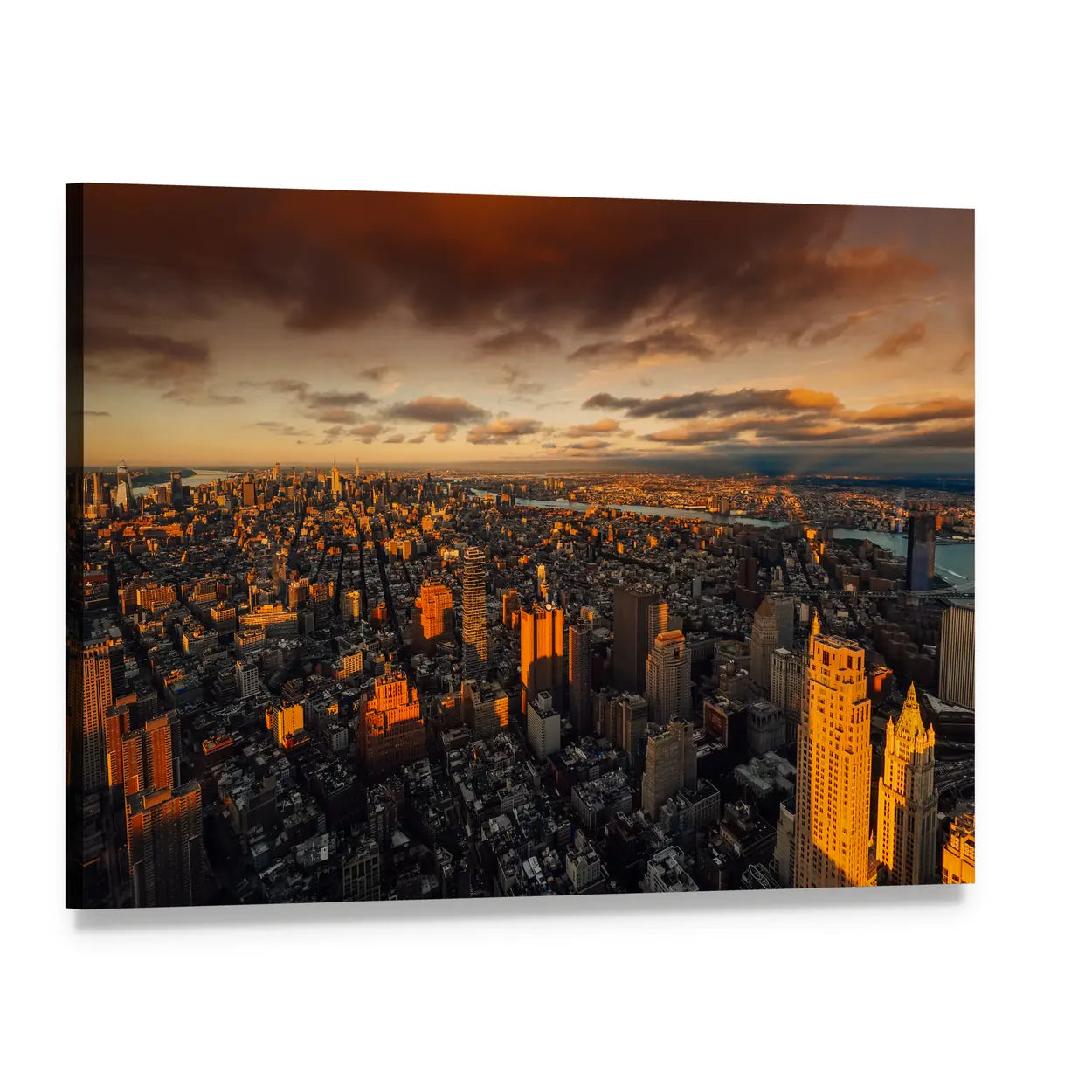 New York to South Manhattan Skyscraper Canvas Wall Art, single panel gallery wrapped canvas, angled product view