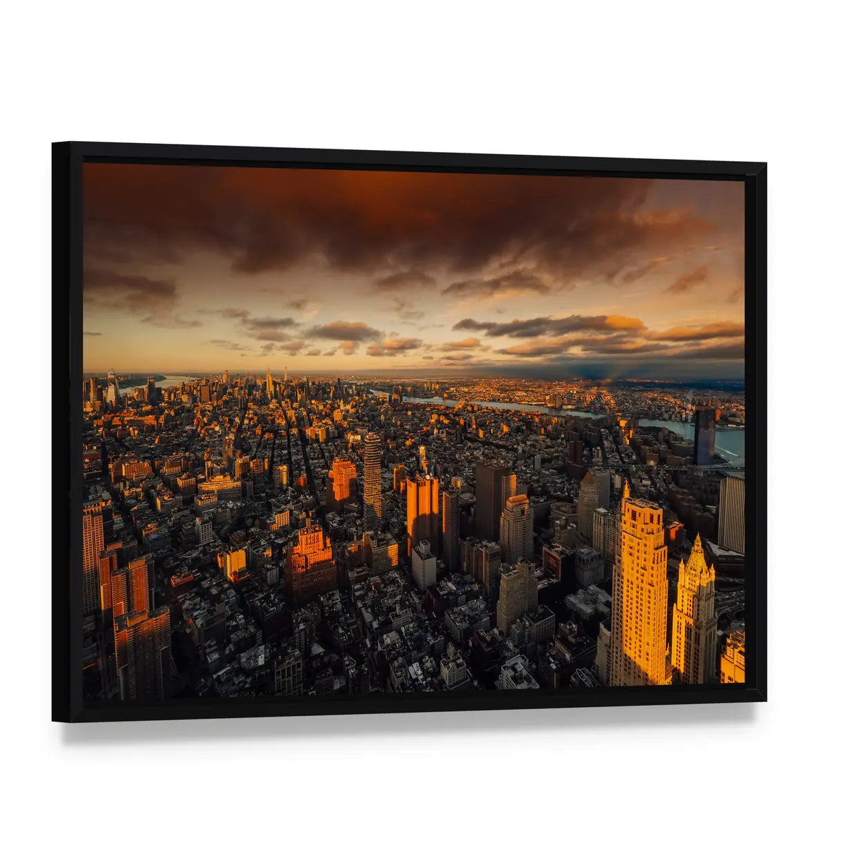 New York to South Manhattan Skyscraper Canvas Wall Art, framed canvas in a black floater frame, angled product view