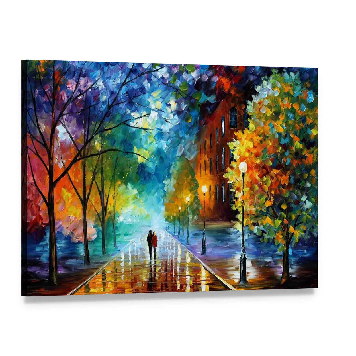 Abstract Couple Walking in Rainy City Canvas Wall Art, single panel gallery wrapped canvas, angled product view