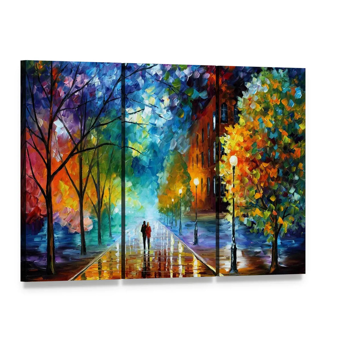 Abstract Couple Walking in Rainy City Canvas Wall Art, 3 panel 3 Horizontal layout gallery wrapped canvas set, angled product view