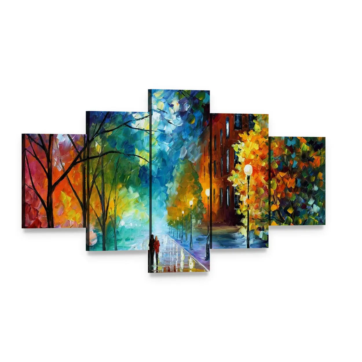 Abstract Couple Walking in Rainy City Canvas Wall Art, 5 panel 5 Star layout gallery wrapped canvas set, angled product view