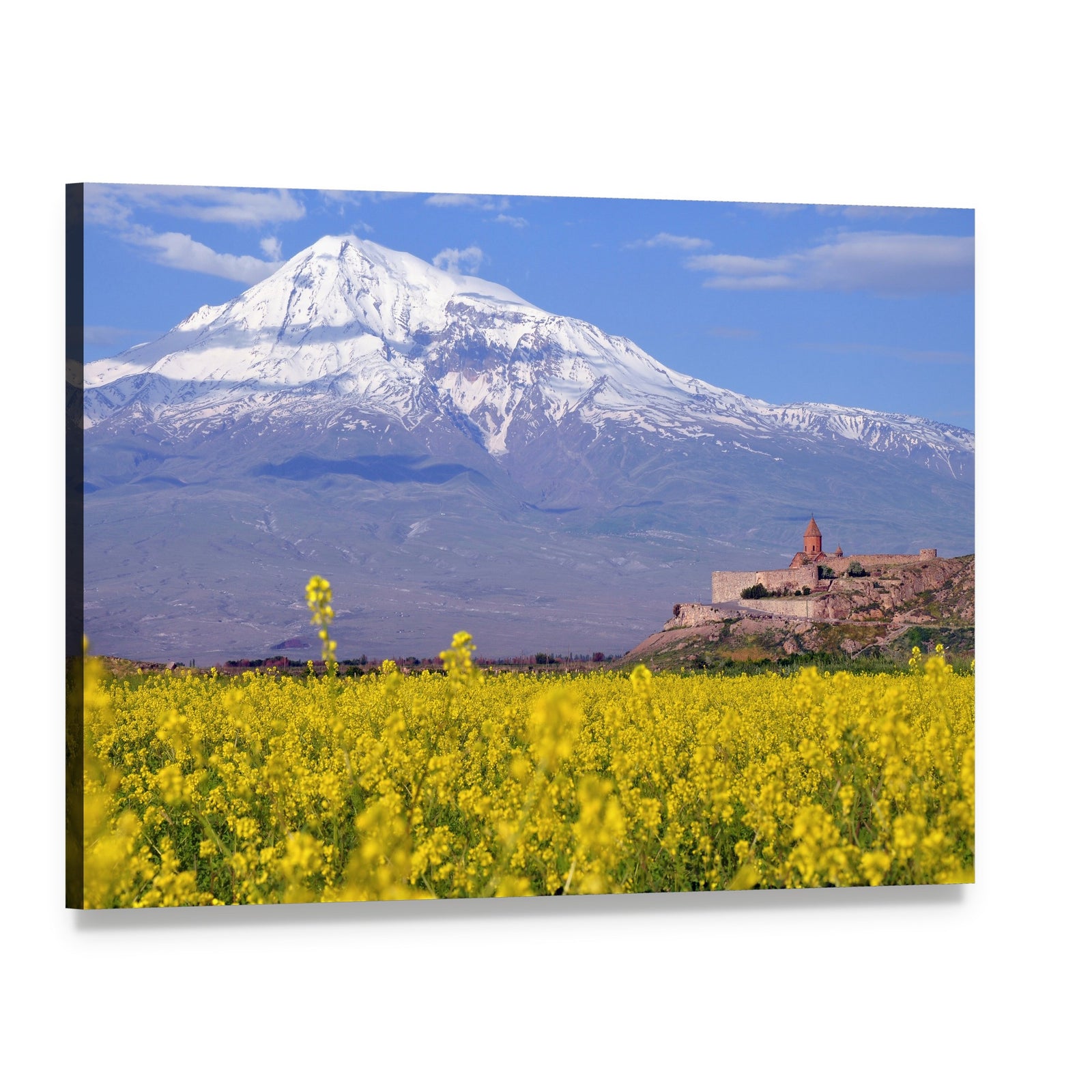 Ararat Mountain with Church and Yellow Field Canvas Wall Art, single panel gallery wrapped canvas, angled product view