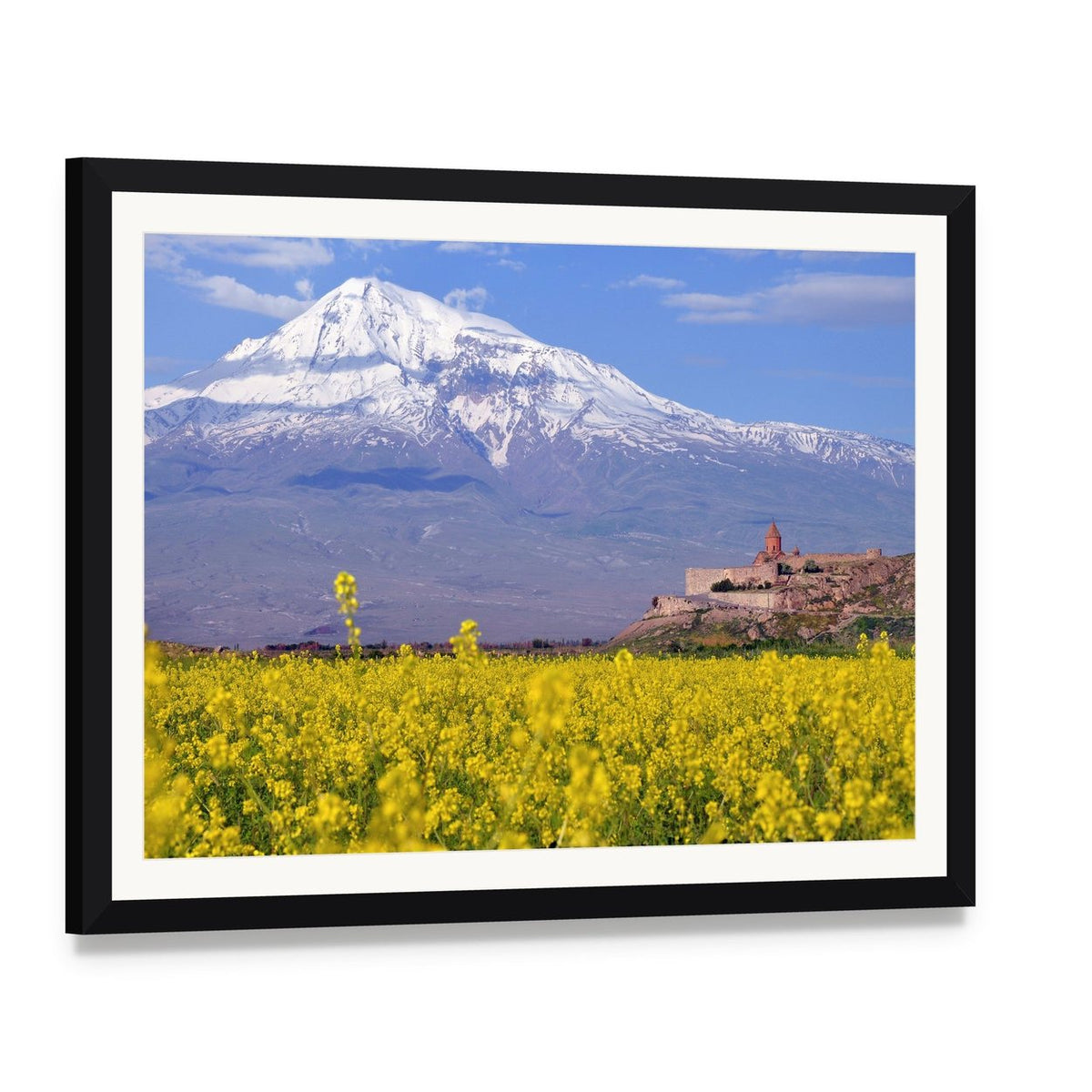 Ararat Mountain with Church and Yellow Field Canvas Wall Art, framed print with white mat and black frame, angled product view
